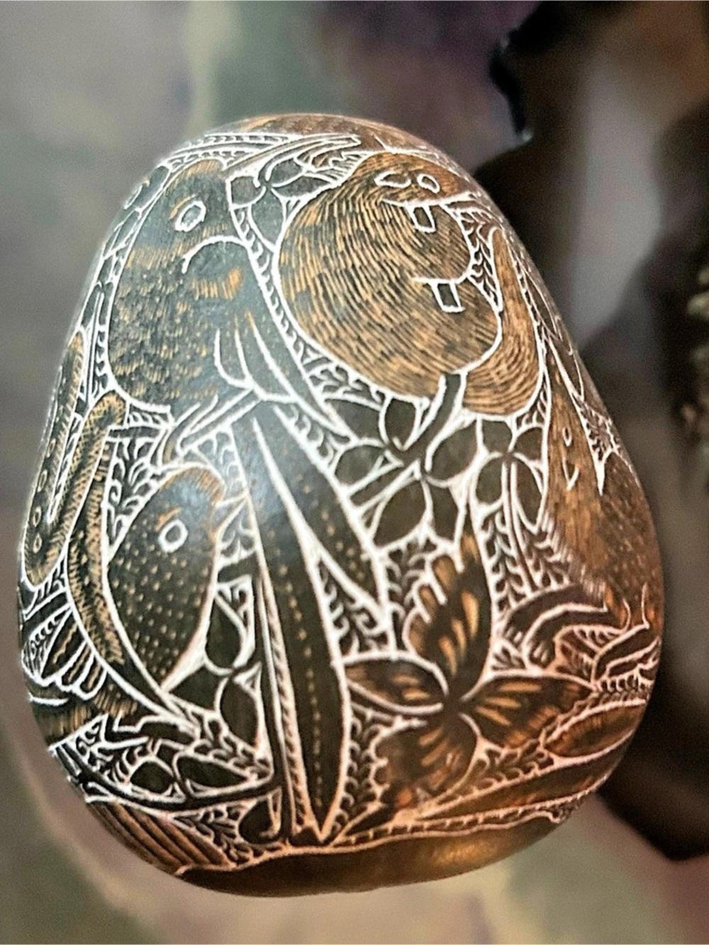 Hand painted Animal gourd in Brown & Black southwestern from New Mexico